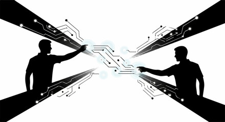 Two silhouettes connect digital pathways, symbolizing data transfer and technological collaboration.