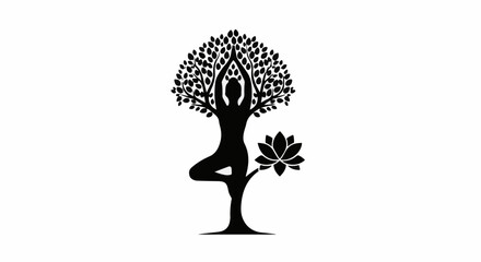 Silhouette of a person in tree pose integrated with a stylized tree and lotus flower, symbolizing balance and nature.