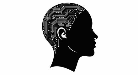 Silhouette of a person's head with a circuit board pattern inside representing artificial intelligence and technology