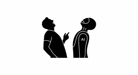 Man points towards a futuristic robot head with 'AI' marking, symbolizing human interaction with artificial intelligence.