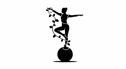 Graceful dancer silhouette entwined with vines on a balancing sphere, symbolizing harmony and nature.