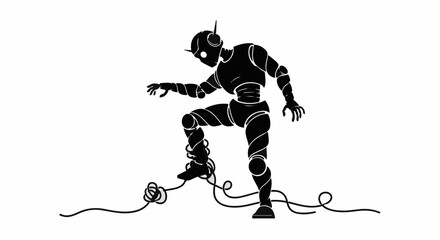 Futuristic robot entangled in wires, symbolizing technological struggle and complexity.