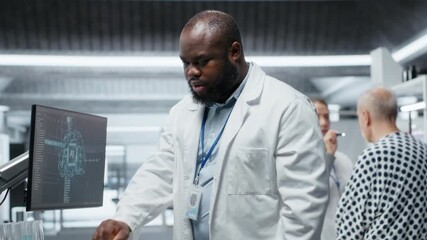 Black doctor conducting analysis with AI machine learning in laboratory, collecting research data and testing a new drug formula. Observing treatment effects and health reactions. Camera B. - Powered by Adobe