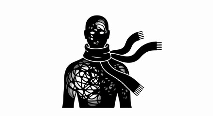 Abstract silhouette of a person with a scarf, symbolizing struggle and transformation against a white background.