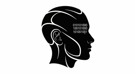 Futuristic digital mind with binary code flowing through its silhouette, representing artificial intelligence.