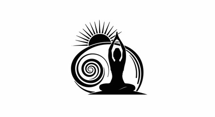 Serene silhouette of a person in yoga pose with sun and swirling design symbolizing balance and peace