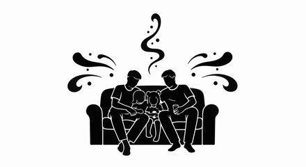 Loving couple shares a tender moment with their child and pet on a cozy sofa.