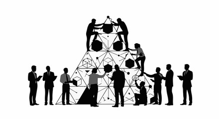 Diverse team collaborates to build a complex geometric structure, symbolizing innovation and teamwork.