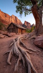 Obraz premium Rustic wooden cabin nestled in a red rock canyon, partially obscured by a large tree with exposed roots, at sunrise