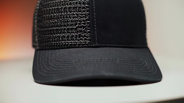 Close-up of a black baseball cap with a mesh panel