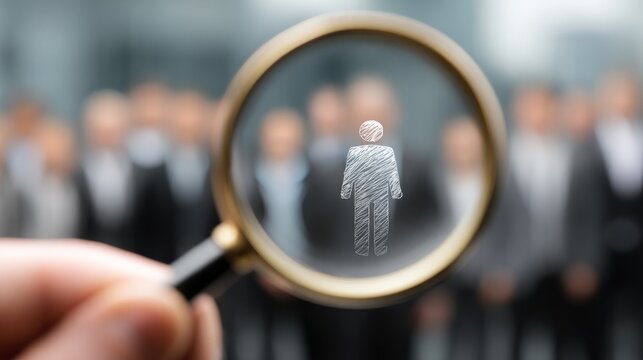 Human resources concept with a magnifying glass to find the right candidate for hiring
