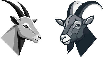 Geometric Horned Animal Head Profiles in Grayscale Vector Style