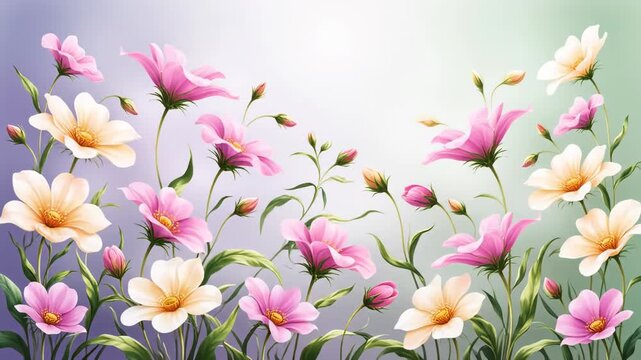 Seamlessly looping abstract motion graphics featuring stylized wild flowers organically growing and swaying gently against a soft, ethereal background future, fluid, wild flowers