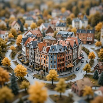 autumn miniature town diorama with yellow trees and houses tilt shift aerial view