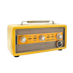 Fototapeta premium Retro yellow portable radio with wooden accents, featuring vintage-style tuning knobs and a carrying handle