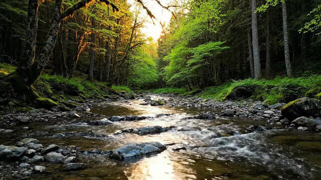Serene cinematic view of a tranquil forest river flowing gently over smooth rocks during golden hour light clean, water, tranquil