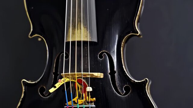 Close-up of a black violin with gold accents