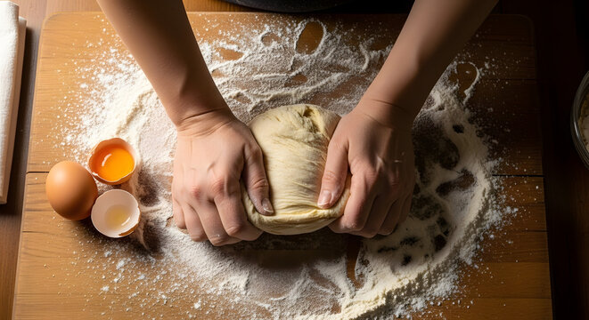 Baking fresh bread home kitchen cooking tutorial rustic environment top-down view culinary arts