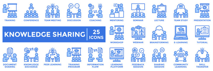 Knowledge Sharing icon collection set. containing learning, training, coaching, mentoring, and knowledge exchange. Ideal for education, teamwork, online learning, and corporate training visuals.