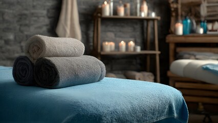 Stack of rolled towels on a blue massage table in a rustic spa. The warm ambiance, stone wall, and wooden shelves create a cozy, natural, and relaxing wellness therapy setting.