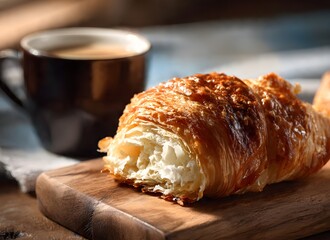 A freshly baked golden, flaky croissant, rich with buttery aroma, rests beside a hot mug of coffee. This delicious French breakfast provides perfect morning energy.