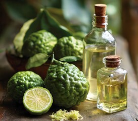 Fresh bergamot citrus fruits and their peel are shown next to bottles of essential oil. This natural aromatic ingredient is used for wellness, therapy, and perfume health products.
