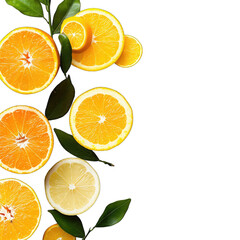 Obraz premium Slices of oranges and lemons with green leaves cascading down a black background. The citrus fruits are vibrant and juicy