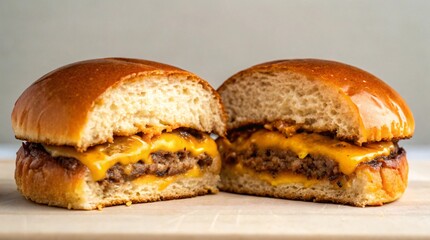 Freshly baked burger buns with meat and cheese are delicious burger for a meal, cut into two pieces