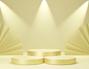Three gold podiums on a light yellow background