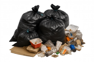 Accumulating garbage bags with household waste, illustrating pollution and environmental problems. Transparent background