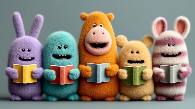 Colorful Furry Characters Gather to Sing Together While Holding Books
