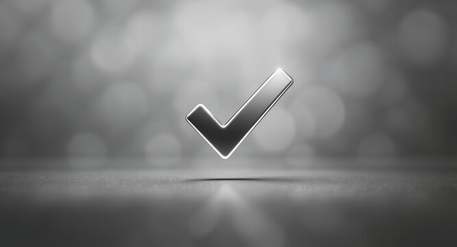 A Shiny Metal Check Mark Symbol Floating Above a Textured Surface with Soft Bokeh Background