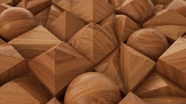 Seamlessly looping abstract motion graphics animation featuring a dynamic pattern of interlocking smooth wooden geometric shapes digital, minimal, elegant