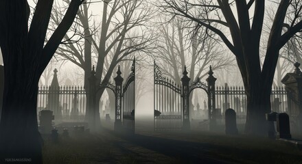 Mystical gateway in a misty graveyard with bare trees creating a somber atmosphere