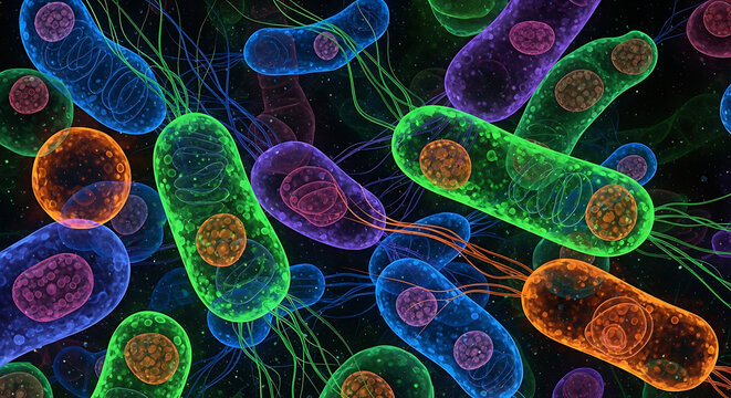 Microscopic View of Bacteria and Microorganisms Under Illumination, Showcasing Vibrant Colors and Cell Structures