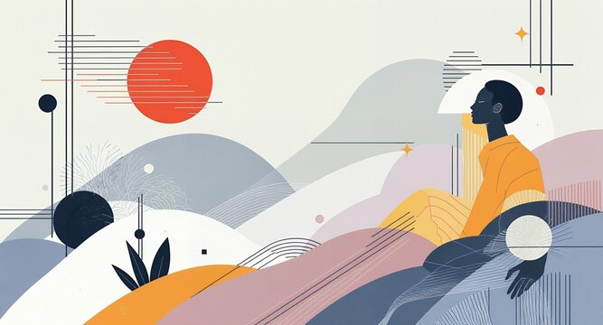 Abstract scene with figure and geometric shapes, serene landscape, modern art style