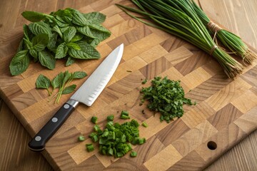 Fresh Herbs on Cutting Board in Kitchen for Cooking