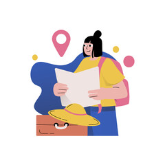 Young Woman With Backpack Holding Map Standing Beside Suitcase And Hat Planning Travel Adventure With Pink Location Pin Icon And Yellow Dots On Transparent Background