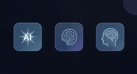 Artificial Intelligence Icons AI, Brain, Human Head Outline with Circuitry