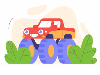 red car with blue tires and green tree flat illustration isolated on white background. PNG Transparent file type with high definition quality And vibrant color grading Available.