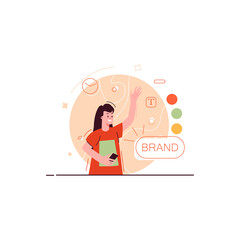 Young Woman Holding Phone Waving Hand with Circular Graphics and Brand Text in Orange and Green Colors Over Transparent Background