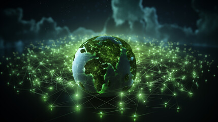 Vibrant globe of interconnected nodes showcasing global network connectivity, symbolizing sustainable earth and worldwide communication in the digital age