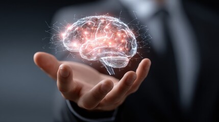 Conceptual illustration of a glowing brain held in hand representing innovation and ideas