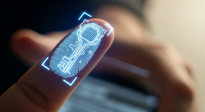 Digital fingerprint scan with holographic key icon overlay on index finger, representing secure access and biometric identification technology