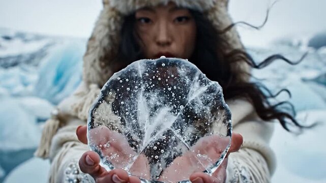 The Offering An Ethereal Woman Presents a Gift of Glacial Ice in Iceland
