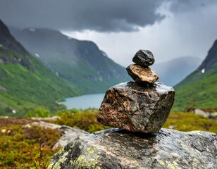 Stacked stones in a mountainous landscape
