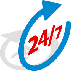 24/7 Service Symbol With Circular Arrows In Red Black And Blue On A White Background Indicating Constant Availability And Support