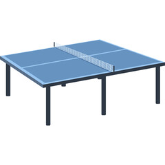 A blue ping pong table with a white net stands on a transparent background in a clear studio setting.