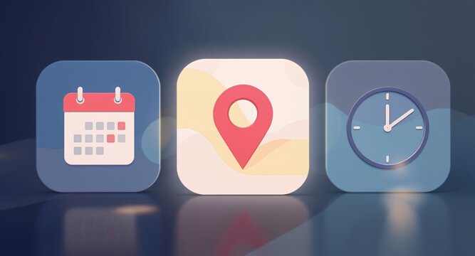 Calendar, Map Pin, and Clock Icons, Digital Organization and Time Management Symbols