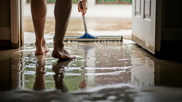 Person Using Squeegee to Push Floodwater Out of a Home